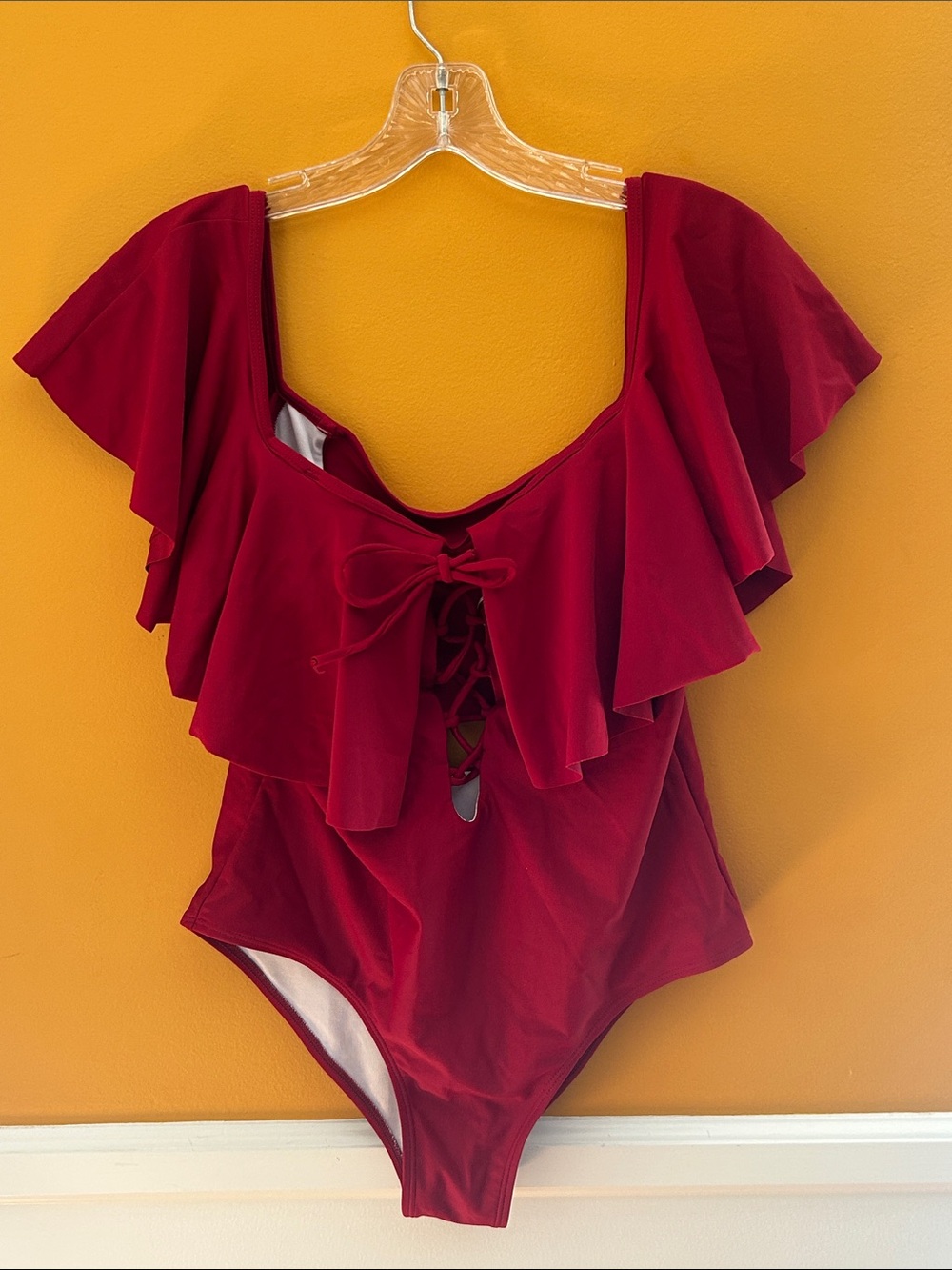 Ruffled Tie-Front One-Piece Swimsuit - Deep Red
